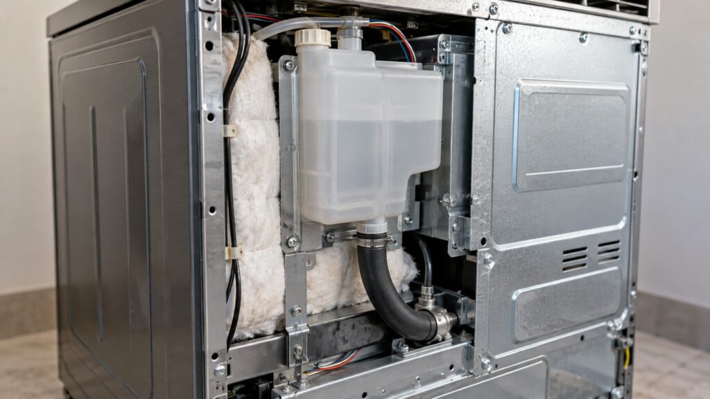A steam generator reservoir and its drain hose behind the rear panel of a range