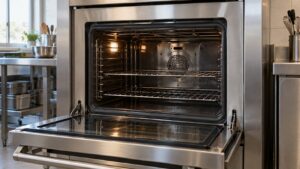An open stainless wall oven cavity of a professional range with the steam outlet visible in the rear wall