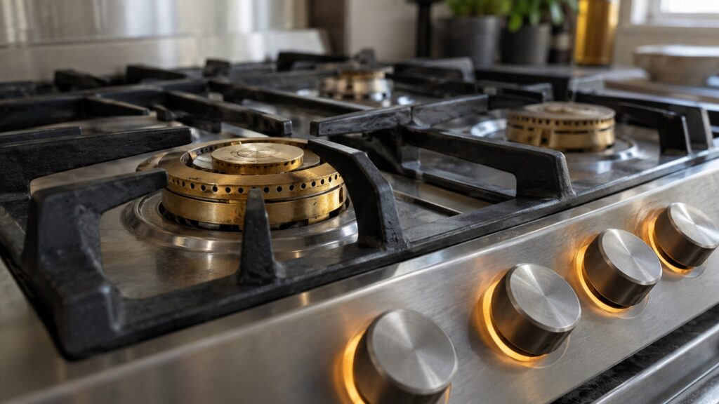 A close view of brass gas burners with control knobs glowing softly beneath them