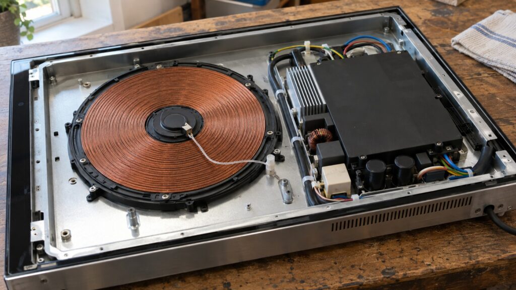 The underside of an induction cooktop with the coil, the power module and its temperature sensor visible