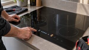 A black glass induction cooktop with a code showing on the touch control strip