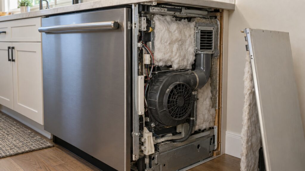 A dishwasher drying fan and its air vent assembly in the side of the cabinet with the outer panel removed