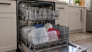 An open dishwasher at the end of a cycle with dry glasses in the upper basket and wet plastic containers below