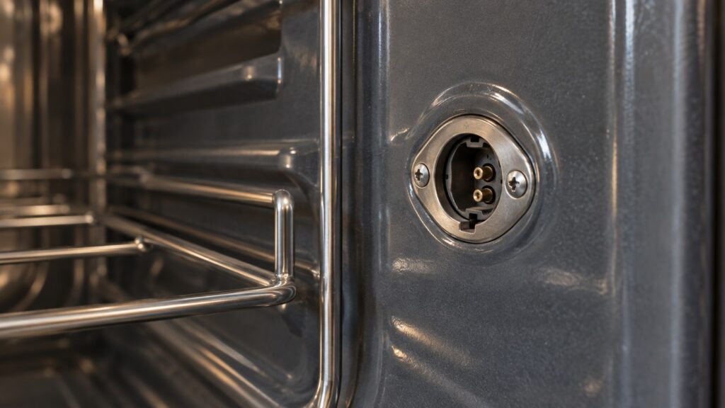 A close view of the probe jack in the side wall of an oven cavity with its contacts visible