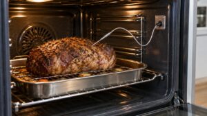 A meat probe pushed into a roast in an oven with its cable running to a jack in the cavity wall