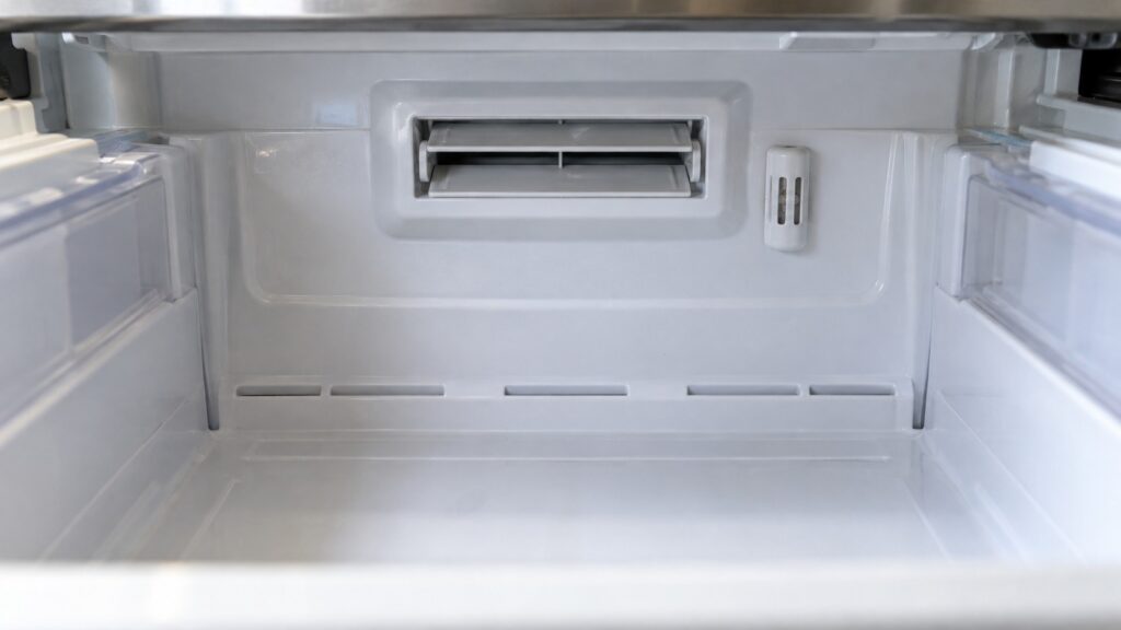 The rear wall of a refrigerator drawer compartment showing the air damper outlet and the compartment sensor
