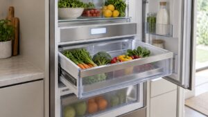 An open FreshZone drawer in a built-in column refrigerator with its own control display lit above it