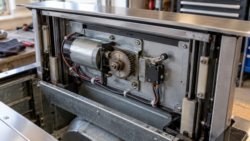 The lift motor, drive gear and limit switch on the carriage of a downdraft ventilation unit