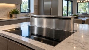 A stainless downdraft vent half raised behind a cooktop in a kitchen island
