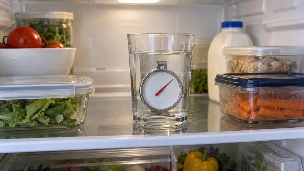 A thermometer standing in a glass of water on a middle refrigerator shelf among food containers