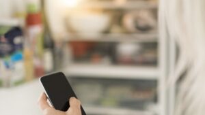 A person standing at an open refrigerator holding a phone in one hand