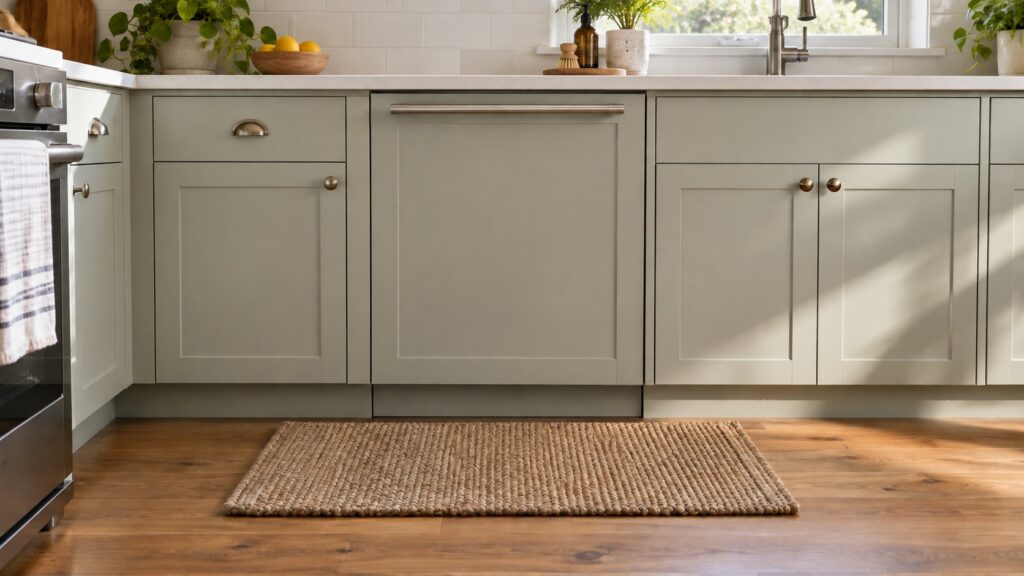 A kitchen mat lying on the floor directly in front of a closed integrated dishwasher