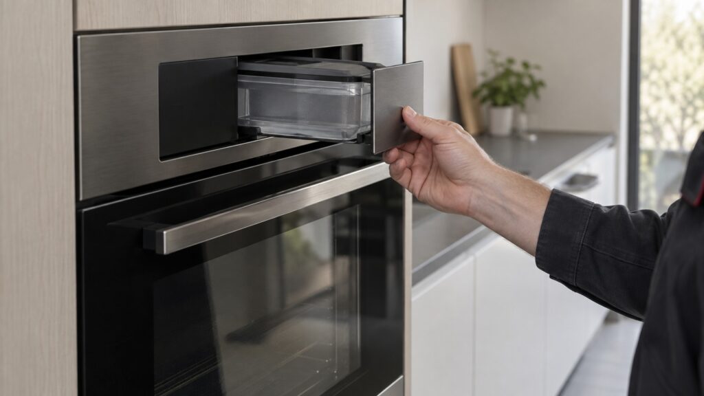 A water reservoir drawer being pulled out from the fascia of a built in oven